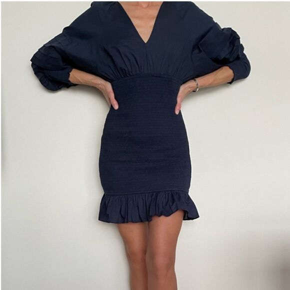 Rhode Smocked Cotton Poplin Mini Dress Navy Blue Large - Picture 2 of 5